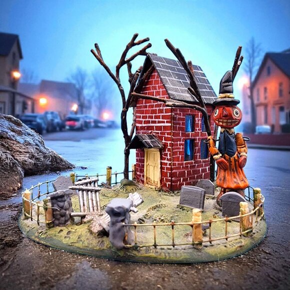 Poliwoggs Haunted Witch Cemetery House 1990s Halloween Decor Graveyard Miniature - Picture 1 of 10